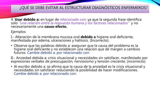 ¿QUÉ SE DEBE EVITAR AL ESTRUCTURAR DIAGNÓSTICOS ENFERMEROS?
4. Usar debido a: en lugar de relacionado con: ya que la segunda frase identifica
solo "una relación entre la respuesta humana y los factores relacionados" y no
necesariamente una causa-efecto.
Ejemplos:
I.- Alteración de la membrana mucosa oral debido a higiene oral deficiente,
manifestada por edema, ulceraciones y halitosis. (Incorrecto).
• Observe que las palabras debido a: aseguran que la causa del problema es la
higiene oral deficiente y no establecen una relación que dé margen a cambios
futuros. Cambie debido a: por relacionado con:
II.- Ansiedad debida a: crisis situacional y necesidades sin satisfacer, manifestado por
expresiones verbales de preocupación, nerviosismo y tensión creciente, (incorrecto).
• Al escribir debido a: se afirma que la causa de la ansiedad es la crisis situacional y
necesidades sin satisfacer reduciendo la posibilidad de hacer modificaciones.
Cambie debido a: por relacionado con:
 