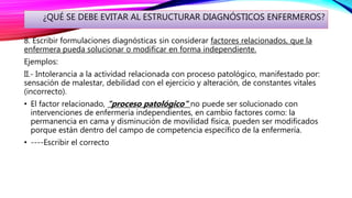 ¿QUÉ SE DEBE EVITAR AL ESTRUCTURAR DIAGNÓSTICOS ENFERMEROS?
8. Escribir formulaciones diagnósticas sin considerar factores relacionados, que la
enfermera pueda solucionar o modificar en forma independiente.
Ejemplos:
II.- Intolerancia a la actividad relacionada con proceso patológico, manifestado por:
sensación de malestar, debilidad con el ejercicio y alteración, de constantes vitales
(incorrecto).
• El factor relacionado, "proceso patológico" no puede ser solucionado con
intervenciones de enfermería independientes, en cambio factores como: la
permanencia en cama y disminución de movilidad física, pueden ser modificados
porque están dentro del campo de competencia específico de la enfermería.
• ----Escribir el correcto
 