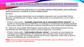 ¿QUÉ SE DEBE EVITAR AL ESTRUCTURAR DIAGNÓSTICOS ENFERMEROS?
8. Escribir formulaciones diagnósticas sin considerar factores relacionados, que la enfermera
pueda solucionar o modificar en forma independiente.
Ejemplos:
III.- Duelo anticipado relacionado con la probable amputación de la extremidad inferior
derecha, manifestado por: tristeza, cólera y alteraciones en la alimentación y en el sueño
(incorrecto).
• El factor relacionado, "probable amputación de la extremidad inferior derecha", no
puede ser solucionado por la enfermera, sin embargo el sentimiento de pérdida percibida
del usuario, puede ser modificado mediante intervenciones de enfermería independientes.
IV.- Déficit de autocuidado-Baño/higiene relacionado con enfermedad articular crónica,
manifestado por dificultad para realizar prácticas higiénicas, (incorrecto).
• El factor relacionado, "enfermedad articular crónica", no puede ser solucionado con
intervenciones independientes de enfermería, pero factores como: disminución de la
movilidad, sensación de malestar, perdida de la fuerza y depresión, están más al alcance
para ser modificados por la enfermera (o).
Nota: Hay que asegurarse de escribir factores relacionados, que la enfermera (o) pueda
resolver con acciones independientes.
 