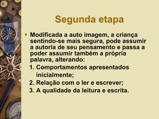 Segunda etapa Modificada a auto imagem, a criança sentindo-se mais segura, pode assumir a autoria de seu pensamento e passa a poder assumir também a própria palavra, alterando: 1. Comportamentos apresentados inicialmente; 2. Relação com o ler e escrever; 3. A qualidade da leitura e escrita.  