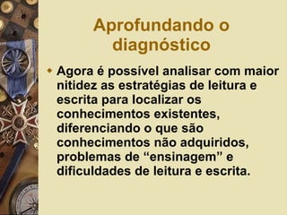 Aprofundando o diagnóstico Agora é possível analisar com maior nitidez as estratégias de leitura e escrita para localizar os conhecimentos existentes, diferenciando o que são conhecimentos não adquiridos, problemas de “ensinagem” e dificuldades de leitura e escrita. 