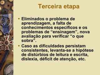 Terceira etapa Eliminados o problema de aprendizagem, a falta de conhecimentos específicos e os problemas de “ensinagem”, nova avaliação para verificar “o que sobra”.  Caso as dificuldades persistam consistentes, levanta-se a hipótese de distúrbios de leitura e escrita, dislexia, déficit de atenção, etc. 