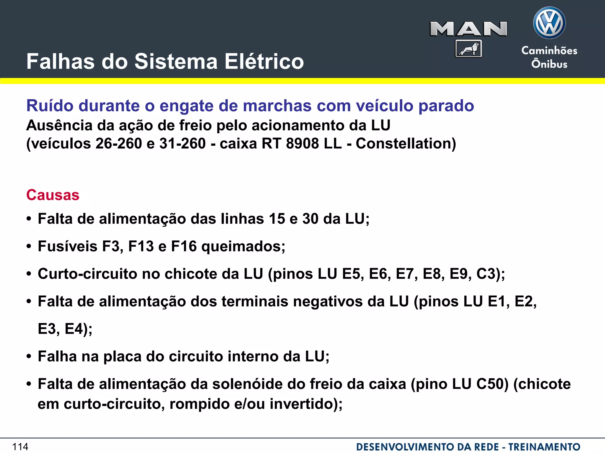 114
Falhas do Sistema Elétrico
Ruído durante o engate de marchas com veículo parado
Causas
• Falta de alimentação das linhas 15 e 30 da LU;
• Fusíveis F3, F13 e F16 queimados;
• Curto-circuito no chicote da LU (pinos LU E5, E6, E7, E8, E9, C3);
• Falta de alimentação dos terminais negativos da LU (pinos LU E1, E2,
E3, E4);
• Falha na placa do circuito interno da LU;
• Falta de alimentação da solenóide do freio da caixa (pino LU C50) (chicote
em curto-circuito, rompido e/ou invertido);
Ausência da ação de freio pelo acionamento da LU
(veículos 26-260 e 31-260 - caixa RT 8908 LL - Constellation)
 