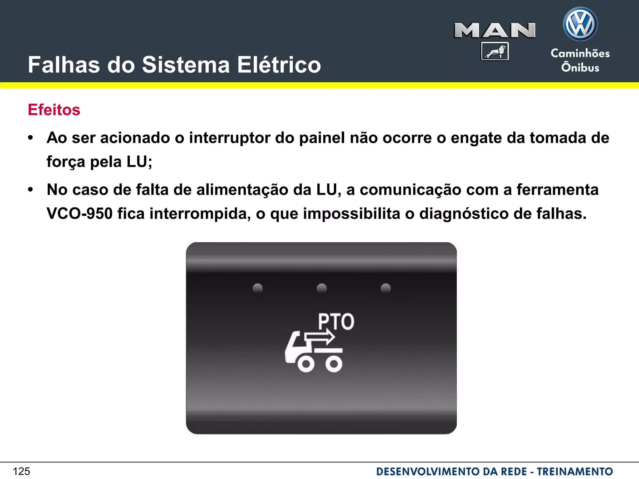 125
Falhas do Sistema Elétrico
Efeitos
• Ao ser acionado o interruptor do painel não ocorre o engate da tomada de
força pela LU;
• No caso de falta de alimentação da LU, a comunicação com a ferramenta
VCO-950 fica interrompida, o que impossibilita o diagnóstico de falhas.
 
