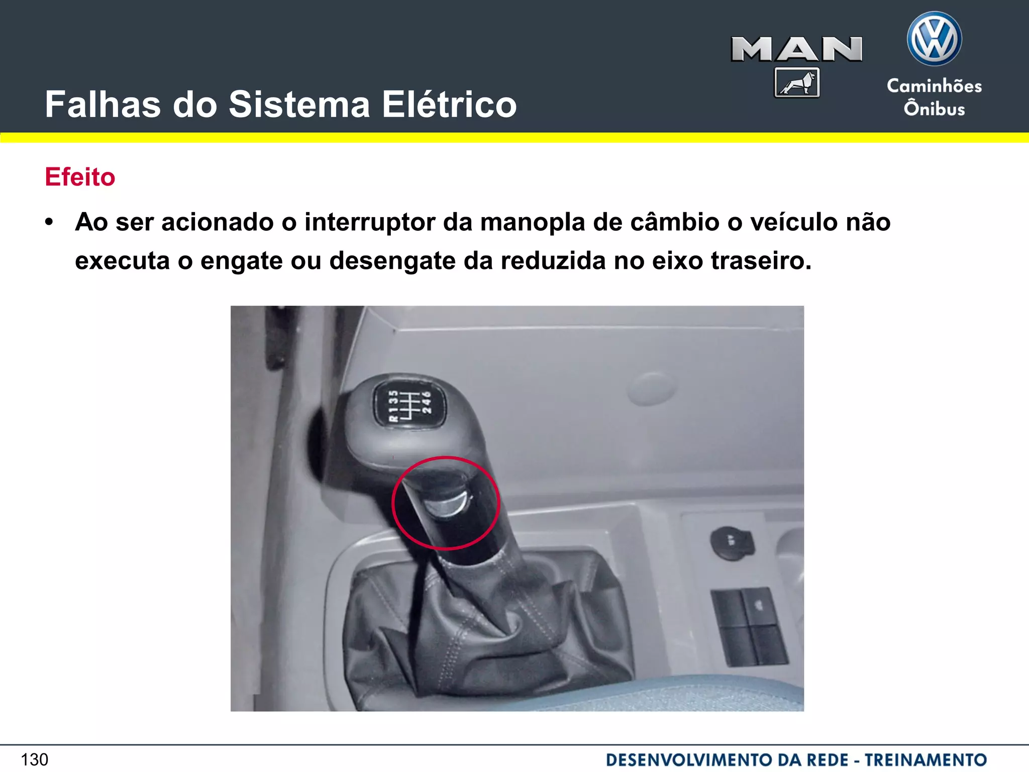 130
Falhas do Sistema Elétrico
Efeito
• Ao ser acionado o interruptor da manopla de câmbio o veículo não
executa o engate ou desengate da reduzida no eixo traseiro.
 