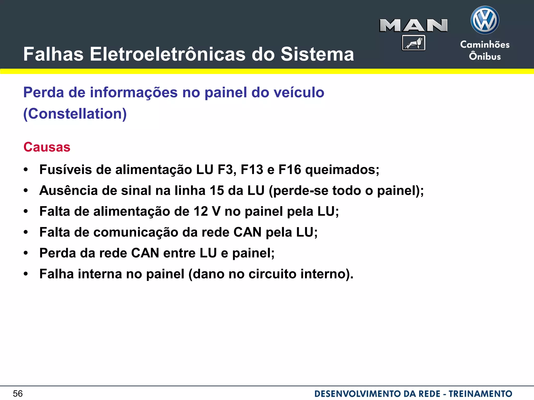 56
Falhas Eletroeletrônicas do Sistema
Perda de informações no painel do veículo
(Constellation)
Causas
• Fusíveis de alimentação LU F3, F13 e F16 queimados;
• Ausência de sinal na linha 15 da LU (perde-se todo o painel);
• Falta de alimentação de 12 V no painel pela LU;
• Falta de comunicação da rede CAN pela LU;
• Perda da rede CAN entre LU e painel;
• Falha interna no painel (dano no circuito interno).
 
