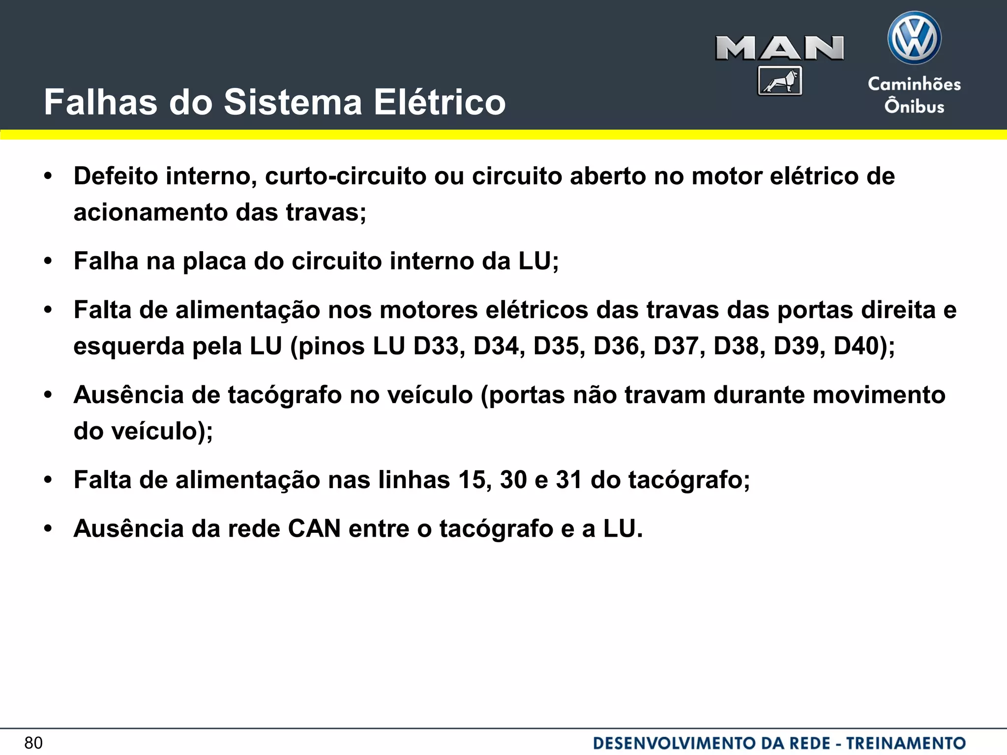 80
Falhas do Sistema Elétrico
• Defeito interno, curto-circuito ou circuito aberto no motor elétrico de
acionamento das travas;
• Falha na placa do circuito interno da LU;
• Falta de alimentação nos motores elétricos das travas das portas direita e
esquerda pela LU (pinos LU D33, D34, D35, D36, D37, D38, D39, D40);
• Ausência de tacógrafo no veículo (portas não travam durante movimento
do veículo);
• Falta de alimentação nas linhas 15, 30 e 31 do tacógrafo;
• Ausência da rede CAN entre o tacógrafo e a LU.
 