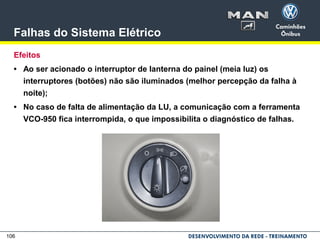 106
Falhas do Sistema Elétrico
Efeitos
• Ao ser acionado o interruptor de lanterna do painel (meia luz) os
interruptores (botões) não são iluminados (melhor percepção da falha à
noite);
• No caso de falta de alimentação da LU, a comunicação com a ferramenta
VCO-950 fica interrompida, o que impossibilita o diagnóstico de falhas.
 