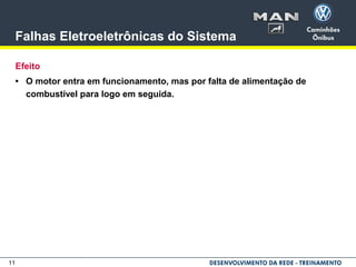 11
Falhas Eletroeletrônicas do Sistema
Efeito
• O motor entra em funcionamento, mas por falta de alimentação de
combustível para logo em seguida.
 