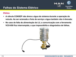 113
Falhas do Sistema Elétrico
Efeitos
• A válvula CONSEP não drena a água do sistema durante a operação do
veículo. Ao ser acionado o freio de serviço a água também não é drenada;
• No caso de falta de alimentação da LU, a comunicação com a ferramenta
VCO-950 fica interrompida, o que impossibilita o diagnóstico de falhas.
 