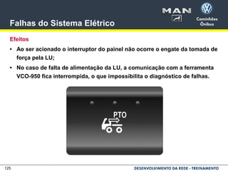 125
Falhas do Sistema Elétrico
Efeitos
• Ao ser acionado o interruptor do painel não ocorre o engate da tomada de
força pela LU;
• No caso de falta de alimentação da LU, a comunicação com a ferramenta
VCO-950 fica interrompida, o que impossibilita o diagnóstico de falhas.
 