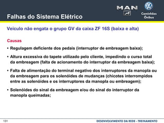 131
Falhas do Sistema Elétrico
Veículo não engata o grupo GV da caixa ZF 16S (baixa e alta)
Causas
• Regulagem deficiente dos pedais (interruptor de embreagem baixa);
• Altura excessiva do tapete utilizado pelo cliente, impedindo o curso total
da embreagem (falta de acionamento do interruptor da embreagem baixa);
• Falta de alimentação do terminal negativo dos interruptores da manopla ou
da embreagem para os solenóides de mudanças (chicotes interrompidos
entre as solenóides e os interruptores da manopla ou embreagem);
• Solenóides do sinal da embreagem e/ou do sinal do interruptor da
manopla queimadas;
 