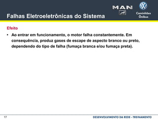 17
Falhas Eletroeletrônicas do Sistema
Efeito
• Ao entrar em funcionamento, o motor falha constantemente. Em
consequência, produz gases de escape de aspecto branco ou preto,
dependendo do tipo de falha (fumaça branca e/ou fumaça preta).
 