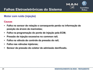 28
Falhas Eletroeletrônicas do Sistema
Motor com ruído (injeção)
Causas
• Falha no sensor de rotação e consequente perda na informação de
posição da árvore de manivelas;
• Falha na programação do ponto de injeção pela ECM;
• Pressão de injeção excessiva no common rail;
• Falha na válvula de controle da pressão do rail;
• Falha nas válvulas injetoras;
• Sensor de pressão do coletor de admissão danificado.
 