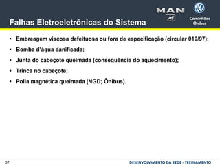 37
Falhas Eletroeletrônicas do Sistema
• Embreagem viscosa defeituosa ou fora de especificação (circular 010/97);
• Bomba d’água danificada;
• Junta do cabeçote queimada (consequência do aquecimento);
• Trinca no cabeçote;
• Polia magnética queimada (NGD; Ônibus).
 