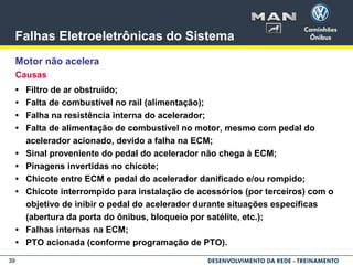 39
Falhas Eletroeletrônicas do Sistema
Motor não acelera
Causas
• Filtro de ar obstruído;
• Falta de combustível no rail (alimentação);
• Falha na resistência interna do acelerador;
• Falta de alimentação de combustível no motor, mesmo com pedal do
acelerador acionado, devido a falha na ECM;
• Sinal proveniente do pedal do acelerador não chega à ECM;
• Pinagens invertidas no chicote;
• Chicote entre ECM e pedal do acelerador danificado e/ou rompido;
• Chicote interrompido para instalação de acessórios (por terceiros) com o
objetivo de inibir o pedal do acelerador durante situações específicas
(abertura da porta do ônibus, bloqueio por satélite, etc.);
• Falhas internas na ECM;
• PTO acionada (conforme programação de PTO).
 