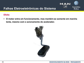 40
Falhas Eletroeletrônicas do Sistema
Efeito
• O motor entra em funcionamento, mas mantém-se somente em marcha
lenta, mesmo com o acionamento do acelerador.
 