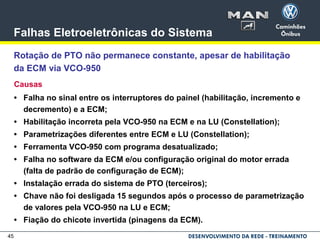45
Falhas Eletroeletrônicas do Sistema
Rotação de PTO não permanece constante, apesar de habilitação
da ECM via VCO-950
Causas
• Falha no sinal entre os interruptores do painel (habilitação, incremento e
decremento) e a ECM;
• Habilitação incorreta pela VCO-950 na ECM e na LU (Constellation);
• Parametrizações diferentes entre ECM e LU (Constellation);
• Ferramenta VCO-950 com programa desatualizado;
• Falha no software da ECM e/ou configuração original do motor errada
(falta de padrão de configuração de ECM);
• Instalação errada do sistema de PTO (terceiros);
• Chave não foi desligada 15 segundos após o processo de parametrização
de valores pela VCO-950 na LU e ECM;
• Fiação do chicote invertida (pinagens da ECM).
 