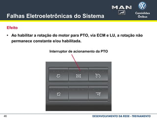 46
Falhas Eletroeletrônicas do Sistema
Efeito
• Ao habilitar a rotação do motor para PTO, via ECM e LU, a rotação não
permanece constante e/ou habilitada.
Interruptor de acionamento da PTO
 