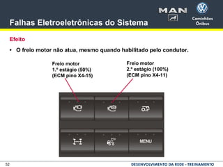 52
Falhas Eletroeletrônicas do Sistema
Efeito
• O freio motor não atua, mesmo quando habilitado pelo condutor.
Freio motor
1.º estágio (50%)
(ECM pino X4-15)
Freio motor
2.º estágio (100%)
(ECM pino X4-11)
 