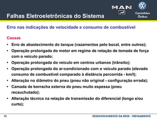 58
Falhas Eletroeletrônicas do Sistema
Erro nas indicações de velocidade e consumo de combustível
Causas
• Erro de abastecimento do tanque (vazamentos pelo bocal, entre outros);
• Operação prolongada do motor em regime de rotação de tomada de força
com o veículo parado;
• Operação prolongada do veículo em centros urbanos (trânsito);
• Operação prolongada do ar-condicionado com o veículo parado (elevado
consumo de combustível comparado à distância percorrida - km/l);
• Alteração no diâmetro do pneu (pneu não original - configuração errada);
• Camada de borracha externa do pneu muito espessa (pneu
recauchutado);
• Alteração técnica na relação de transmissão do diferencial (longo e/ou
curto);
 