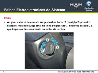 6
Falhas Eletroeletrônicas do Sistema
Efeito
• Ao girar a chave de contato surge sinal na linha 15 (posição 2: primeiro
estágio), mas não surge sinal na linha 50 (posição 3: segundo estágio), o
que impede o funcionamento do motor de partida.
 