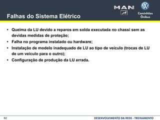 62
Falhas do Sistema Elétrico
• Queima da LU devido a reparos em solda executada no chassi sem as
devidas medidas de proteção;
• Falha no programa instalado ou hardware;
• Instalação de modelo inadequado de LU ao tipo de veículo (trocas de LU
de um veículo para o outro);
• Configuração de produção da LU errada.
 