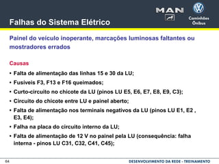 64
Falhas do Sistema Elétrico
Painel do veículo inoperante, marcações luminosas faltantes ou
mostradores errados
Causas
• Falta de alimentação das linhas 15 e 30 da LU;
• Fusíveis F3, F13 e F16 queimados;
• Curto-circuito no chicote da LU (pinos LU E5, E6, E7, E8, E9, C3);
• Circuito do chicote entre LU e painel aberto;
• Falta de alimentação nos terminais negativos da LU (pinos LU E1, E2 ,
E3, E4);
• Falha na placa do circuito interno da LU;
• Falta de alimentação de 12 V no painel pela LU (consequência: falha
interna - pinos LU C31, C32, C41, C45);
 
