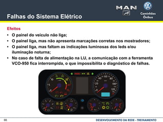 66
Falhas do Sistema Elétrico
Efeitos
• O painel do veículo não liga;
• O painel liga, mas não apresenta marcações corretas nos mostradores;
• O painel liga, mas faltam as indicações luminosas dos leds e/ou
iluminação noturna;
• No caso de falta de alimentação na LU, a comunicação com a ferramenta
VCO-950 fica interrompida, o que impossibilita o diagnóstico de falhas.
 
