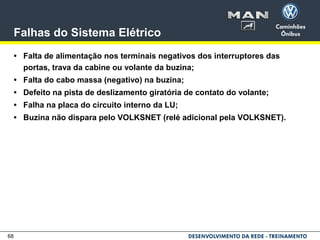 68
Falhas do Sistema Elétrico
• Falta de alimentação nos terminais negativos dos interruptores das
portas, trava da cabine ou volante da buzina;
• Falta do cabo massa (negativo) na buzina;
• Defeito na pista de deslizamento giratória de contato do volante;
• Falha na placa do circuito interno da LU;
• Buzina não dispara pelo VOLKSNET (relé adicional pela VOLKSNET).
 