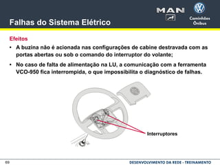 69
Falhas do Sistema Elétrico
Efeitos
• A buzina não é acionada nas configurações de cabine destravada com as
portas abertas ou sob o comando do interruptor do volante;
• No caso de falta de alimentação na LU, a comunicação com a ferramenta
VCO-950 fica interrompida, o que impossibilita o diagnóstico de falhas.
Interruptores
 