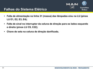 71
Falhas do Sistema Elétrico
• Falta de alimentação na linha 31 (massa) das lâmpadas e/ou na LU (pinos
LU E1, E2, E3, E4);
• Falta de sinal no interruptor da coluna de direção para os lados esquerdo
e direito (pinos LU C9, C22);
• Chave de seta na coluna de direção danificada.
 