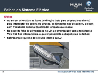 75
Falhas do Sistema Elétrico
Efeitos
• Ao serem acionadas as luzes de direção (seta para esquerda ou direita)
pelo interruptor da coluna de direção, as lâmpadas não piscam ou piscam
com frequência anormal (acelerada: lâmpada queimada);
• No caso de falta de alimentação na LU, a comunicação com a ferramenta
VCO-950 fica interrompida, o que impossibilita o diagnóstico de falhas;
• Sobrecarga e queima do circuito interno da LU.
 