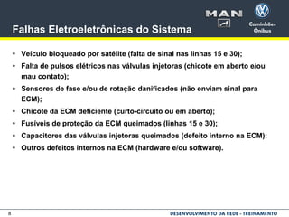8
Falhas Eletroeletrônicas do Sistema
• Veículo bloqueado por satélite (falta de sinal nas linhas 15 e 30);
• Falta de pulsos elétricos nas válvulas injetoras (chicote em aberto e/ou
mau contato);
• Sensores de fase e/ou de rotação danificados (não enviam sinal para
ECM);
• Chicote da ECM deficiente (curto-circuito ou em aberto);
• Fusíveis de proteção da ECM queimados (linhas 15 e 30);
• Capacitores das válvulas injetoras queimados (defeito interno na ECM);
• Outros defeitos internos na ECM (hardware e/ou software).
 
