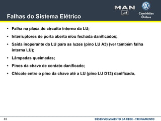 83
Falhas do Sistema Elétrico
• Falha na placa do circuito interno da LU;
• Interruptores de porta aberta e/ou fechada danificados;
• Saída inoperante da LU para as luzes (pino LU A3) (ver também falha
interna LU);
• Lâmpadas queimadas;
• Pinos da chave de contato danificado;
• Chicote entre o pino da chave até a LU (pino LU D13) danificado.
 