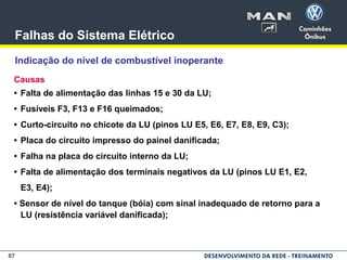 87
Falhas do Sistema Elétrico
Indicação do nível de combustível inoperante
Causas
• Falta de alimentação das linhas 15 e 30 da LU;
• Fusíveis F3, F13 e F16 queimados;
• Curto-circuito no chicote da LU (pinos LU E5, E6, E7, E8, E9, C3);
• Placa do circuito impresso do painel danificada;
• Falha na placa do circuito interno da LU;
• Falta de alimentação dos terminais negativos da LU (pinos LU E1, E2,
E3, E4);
• Sensor de nível do tanque (bóia) com sinal inadequado de retorno para a
LU (resistência variável danificada);
 