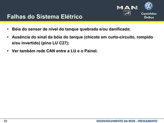 88
Falhas do Sistema Elétrico
• Bóia do sensor de nível do tanque quebrada e/ou danificada;
• Ausência do sinal da bóia do tanque (chicote em curto-circuito, rompido
e/ou invertido) (pino LU C27);
• Ver também rede CAN entre a LU e o Painel.
 