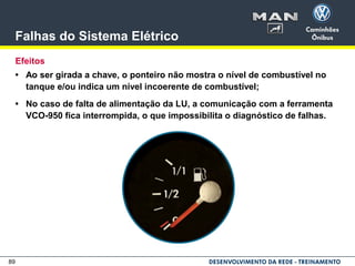 89
Falhas do Sistema Elétrico
Efeitos
• Ao ser girada a chave, o ponteiro não mostra o nível de combustível no
tanque e/ou indica um nível incoerente de combustível;
• No caso de falta de alimentação da LU, a comunicação com a ferramenta
VCO-950 fica interrompida, o que impossibilita o diagnóstico de falhas.
 