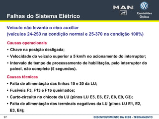 97
Falhas do Sistema Elétrico
Veículo não levanta o eixo auxiliar
(veículos 24-250 na condição normal e 25-370 na condição 100%)
Causas operacionais
• Chave na posição desligada;
• Velocidade do veículo superior a 5 km/h no acionamento do interruptor;
• Intervalo de tempo de processamento de habilitação, pelo interruptor do
painel, não completo (5 segundos).
Causas técnicas
• Falta de alimentação das linhas 15 e 30 da LU;
• Fusíveis F3, F13 e F16 queimados;
• Curto-circuito no chicote da LU (pinos LU E5, E6, E7, E8, E9, C3);
• Falta de alimentação dos terminais negativos da LU (pinos LU E1, E2,
E3, E4);
 