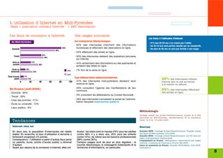 L'utilisation d'Internet en Midi-Pyrénées
 (Base = population utilisant Internet - 1 225 répondants)


 Les lieux de connexion à Internet                                               Des usages innovants
                                                                                                                                                        Les freins à l’utilisation d’Internet
    En Midi-Pyrénées                                                             Le commerce électronique
                                                                                                                                                        - 51% des 55-59 ans n’en voient pas l’utilité,
                                                                                 - 62% des internautes cherchent des informations                       - les 25-34 ans sont parfois rebutés par sa complexité,
    Domicile
                                                                    82%            touristiques et effectuent des réservations en ligne,                - les plus de 60 ans ne sont pas formés à son usage.
                                                         69%
                                                                                 - 54% effectuent des achats en ligne,
                                            42%
       Travail                                                                   - 50% des internautes réalisent des opérations bancaires
                                              46%
                                                                                   sur Internet,
     Amis ou                    21%
     parents
                                                                                 - 44% recherchent des informations sur des spectacles et
                                       36%
                                                                                   achètent des billets en ligne,
    École ou          10%                                                        - 7% font de la vente en ligne.
                                                                          2006
   Université                    24%
                                                                          2004
Point d'accès        7%
                                                                                 Les démarches administratives
        public            14%                                                                                                                                         48% des interviewés utilisent
                 0
                 0          20         40           60         80          100
                                                                           100   - 37% des internautes midi-pyrénéens déclarent leurs                                 Internet que ce soit au travail,
                                                                                   revenus en ligne,                                                                  à la maison ou ailleurs.
 En France (août 2006)                                                           - 20% consultent l’agenda des manifestations de leur
                                                                                   commune,                                                                           54% des internautes effectuent
 - Domicile : 84%                                                                                                                                                     des achats en ligne.
                                                                                 - 3% consultent les délibérations du Conseil Municipal,
 - Travail : 38%
 - Chez des proches : 21%                                                        - 28% des internautes connaissent le portail de l’adminis-
                                                                                   tration française www.service-public.fr.
 - École ou université : 12%
 - Lieux publics : 6%
                                                                                                                                               Méthodologie
                                                                                                                                               Sondage réalisé par Ardesi/Teleperformance, auprès de 2 554
                                                                                                                                               personnes de Midi-Pyrénées, représentatives de la population
     Tendances                                                                                                                                 totale, du 3 au 13 juillet 2006.


     Internet chez soi                                                                                                                         Sources
     En deux ans, la population d’internautes est restée                           évolué : les loisirs sont en hausse (75% pour les adultes   Données 2006 : Sondage Ardesi/Teleperformance. Enquête auprès
     stable. En revanche, le taux d’utilisation à domicile a                       contre 59% il y a deux ans, 25% pour les enfants            des foyers en Midi-Pyrénées. Août 2006.
                                                                                                                                               Données 2004 : Sondage Ardesi/Teleperformance. Les TIC dans les
     fortement progressé (13 points).                                              contre 15%), de même que les besoins professionnels         foyers midi-pyrénéens. Octobre 2004.
     Conséquence : l’utilisation à partir d’autres lieux (amis                     (38% contre 26%).                                           L’équipement en France : Médiamétrie, l’observatoire des usages
     ou parents, école, points d’accès public) a diminué                           Certains usages sont de plus en plus réguliers : le         Internet. L’audience de l’Internet en France. Mai 2006.
     d’autant.                                                                     courrier électronique, la messagerie instantanée et la      Lieux de connexion en France : Enquête IPSOS-Média. Août 2006.
     Quant aux raisons de la connexion à Internet, elles ont                       recherche d’informations, en particulier.                   www.ipsos.fr.

                                                                                                                                                                                                                  3
 