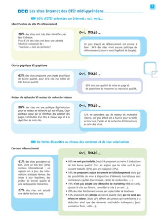 2

                Les sites Internet des OTSI midi-pyrénéens
                        60% d’OTSI présentes sur Internet : oui, mais…
Identification du site VS référencement


                                                                  Oui, mais...
     28% des sites sont très bien identifiés par
     leur l’adresse.
     Plus d’1/4 des sites ont donc une adresse
     intuitive composée de :                                          Un gros travail de référencement est encore à
     “tourisme + nom du territoire”.                                  faire : 94% des sites n’ont aucune politique de
                                                                      référencement (selon la note PageRank de Google).




Charte graphique VS graphisme


                                                                  Oui, mais...
     63% des sites proposent une charte graphique
     de bonne qualité, pour 11% elle est même de
     très bonne qualité.
                                                                        60% ont une qualité de mise en page et
                                                                        de graphisme de moyenne ou mauvaise qualité.


Moteur de recherche VS moteur de recherche interne


                                                                  Oui, mais...
     80% des sites ont une politique d’optimisation
     pour les moteur de recherche qui est efficace. Cette
     politique passe par la réécriture des adresses des               72% ne possèdent pas de moteur de recherche
     pages, l’attribution d’un titre à chaque page et à la            interne. Un gros effort est à fournir pour faciliter
     répétition de mots clés.                                         la structure, l’accès et la recherche d’informations
                                                                      au sein des sites.




                        De fortes disparités au niveau des contenus et de leur valorisation

Contenu informationnel
                                                                  Oui, mais...

     41% des sites possèdent un                       • 68% ne sont pas traduits. Seuls 5% proposent au moins 2 traductions
     bon, voire un très bon (14%)                       de très bonne qualité. C’est en anglais que les sites sont le plus
     contenu informationnel : un                        souvent traduits (31%) puis en espagnol (17%).
     agenda mis à jour, des infor-
                                                      • 59% ne proposent aucun document en téléchargement alors que
     mations pratiques denses, des
     mises à jour régulières, des                       les possibilités de mise à disposition d’éléments touristiques sont
     photos de bonnes qualité et                        nombreuses (guides touristiques, cartes de randonnées, …).
     une cartographie interactive.                    • 78% n’ont pas adopté une démarche de marketing viral (e-cards,
                                                        ajouter le site aux favoris, conseiller le site à un ami…).
     27% des sites ont adopté                         • 20% des sites fonctionnent encore par copier/coller de brochures.
     une réelle écriture web.
                                                      • 51% proposent des photos de bonne qualité mais qui ne sont pas
                                                        mises en valeur. Seuls 11% offrent des photos qui contribuent à la
                                                        séduction ainsi que des éléments multimédia intéressants (son,
                                                        animation flash, vidéo…).
 