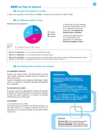 11

                    Les Pays et Internet
                  Des pays très présents sur le Web
21 Pays sur 32 possèdent un site Internet, soit 62%. 5 nouveaux sites ont été mis en ligne en 2009.


                  Les différents profils de sites
Répartition des sites par génération :
                                                                                                  A l’inverse des sites des Communes
                                                                                                  et des Intercommunalités, les sites
                                                                                                  de 1ère génération ne sont pas
                                              24%                                                 majoritaires. La situation est
                                   33%                                1ère génération
                                                                                                  beaucoup plus contrastée.
                                                                      2ème génération

                                                                      3ème génération
                                                                                                  43% des sites appartiennent à
                                                                                                  la 2ème génération et 24%
                                          43%                                                     atteignent la 3ème génération.
                                                                                                  De bonnes pratiques à suivre.




‘‘           3 générations de sites
   Sites de 1ère génération : un site “vitrine” de présentation du Pays.
   Sites de 2ème génération : un site d’actualités avec des contenus denses.
   Sites de 3ème génération : un site associant contenus et services (moteur de recherche, annuaire, téléchargement de documents,
   politique de liens externes, cartographie interactive, lettre d'information, extranet, fil RSS…).



                  Des fonctionnalités associées aux contenus

La cartographie interactive
Associée à des contenus denses, cette fonctionnalité est à forte                TENDANCES
valeur ajoutée notamment lorsqu’elle permet de localiser les
acteurs du territoire.                                                          Comme pour les sites des Communes et
2 types de cartographie sont principalement développés : Google                 des Intercommunalités, deux thématiques
maps ou un module de cartographie développé spécifiquement                      prédominent :
par un prestataire.                                                                     • Le tourisme
                                                                                Parmi les thématiques/informations proposées :
Des formulaires de contact                                                      la gastronomie, le patrimoine, les activités dispo-
                                                                                nibles sur le territoire, la météo ainsi que les acteurs
La rubrique “contact” est généralement complète, fonctionnelle                  du tourisme présents sur le territoire.
et interactive. Elle permet d’accéder aux coordonnées complètes
du Pays. Elle propose également un formulaire de demande                                • La culture à l’honneur
                                                                                Sont mis à disposition sur ces sites : un agenda
d’informations pour les Internautes.                                            culturel, des informations sur la/les bibliothèque(s),
                                                                                le programme du cinéma, l’annuaire culturel…
L’accessibilité
1 site concerné sur 21 en 2009.
Tout comme pour les Communes et les Intercommunalités, une
très faible minorité a su s’adapter à l’évolution du web et à
l’apparition de ces nouveaux standards. De gros efforts restent
à poursuivre.



                                                                                         Sources
                                                                                         Données 2009 - Étude Ardesi/mfDocumentation.
                                                                                         Analyse des sites Internet des Pays. Août 2009.
                                                                                         Données 2002/2008 - Ardesi. Diagnostic 2008 de
                                                                                         la Société de l’Information en Midi-Pyrénées. Avril 2009.
 