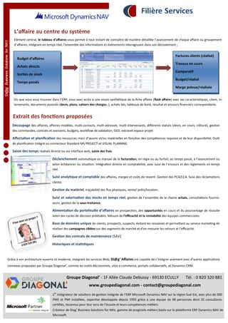 L’affaire au centre du système
Extrait des fonctions proposées
GroupeDIAGONAL’
Budget d’affaires
Achats directs
Sorties de stock
Temps passés
Factures clients (réalisé)
Travaux en cours
Comparatif
Budget/réalisé
Marge prévue/réalisée
Où que vous vous trouviez dans l’ERP, vous avez accès à une vision synthétique de la fiche affaire (flash affaire) avec ses caractéristiques, client, in-
tervenants, documents associés (devis, plans, cahiers des charges..), achats liés, tableaux de bord, résultat et encours financiers correspondants.
Découpage des affaires, affaires modèles, multi-contacts, multi-adresses, multi-intervenants, différents statuts (devis, en cours, clôturé), gestion
des commandes, contrats et avenants, budgets, workflow de validation, GED, extranet espace projet
Affectation et planification des ressources main d’œuvre et/ou matérielles en fonction des compétences requises et de leur disponibilité. Outil
de planification intégré ou connecteur Standard MS PROJECT et VISUAL PLANNNG.
Saisie des temps réalisés directe ou via interface web, saisie des frais
Déclenchement automatique ou manuel de la facturation, en régie ou au forfait, au temps passé, à l’avancement ou
selon échéancier ou situation. Intégration directe en comptabilité, avec suivi de l’encours et des règlements en temps
réel.
Suivi analytique et comptable des affaires, marges et coûts de revient. Gestion des PCA/CCA. Suivi des réclamations
clients.
Gestion du matériel, traçabilité des flux physiques, vente/ prêts/location.
Suivi et valorisation des stocks en temps réel, gestion de l’ensemble de la chaine achats, consultations fournis-
seurs, gestion de la sous-traitance.
Alimentation du portefeuille d’affaires en prospection, des opportunités en cours et du pourcentage de réussite
selon des cycles de décision préétablis. Mesure de l’efficacité et la rentabilité des équipes commerciales.
Base de données unique de clients, prospects, suspects, évitant les ressaisies et permettant au service marketing de
réaliser des campagnes ciblées sur des segments de marché et d’en mesurer les retours et l’efficacité.
Gestion des contrats de maintenance (SAV)
Historiques et statistiques
Elément central, le tableau d’affaires vous permet à tout instant de connaître de manière détaillée l’avancement de chaque affaire ou groupement
d’affaires, intégrant en temps réel, l’ensemble des informations et événements interagissant dans son déroulement ;
Grâce à son architecture ouverte et moderne, intégrant les services Web, Di@g’ Affaires est capable de s’intégrer aisément avec d’autres applications
connexes proposées par Groupe Diagonal’, comme les outils décisionnels, sites e-commerce, portails collaboratifs, et Dynamics CRM.
Groupe Diagonal’ - 1F Allée Claude Debussy - 69130 ECULLY Tél. : 0 820 320 881
www.groupediagonal.com - contact@groupediagonal.com
1er
intégrateur de solutions de gestion intégrée de l’ERP Microsoft Dynamics NAV sur la région Sud-Est, avec plus de 500
PME et PMI installées, expertise développée depuis 1993 grâce à une équipe de 48 personnes dont 35 consultants
certifiés, reconnus pour leur sens de l’écoute et leurs compétences métiers.
Créateur de Diag’ Business Solutions for NAV, gamme de progiciels métiers basés sur la plateforme ERP Dynamics NAV de
Microsoft.
 
