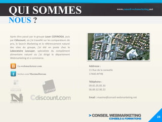 CDISCOUNT.COM & FACEBOOKCréer une landing page de Bienvenue pour les nouveaux arrivants :Création d’une page d’accueil différente pour les non Fans afin d’augmenter le taux de conversionMise en avant du module invitation pour augmenter la diffusion de la Fan Page20En conclusion : Les 5 conseils pour optimiser votre Fan Page Facebook