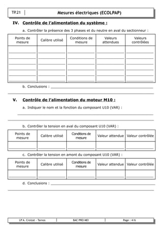 TP.21                             Mesures électriques (ECOLPAP)

    IV. Contrôle de l’alimentation du système :
            a. Contrôler la présence des 3 phases et du neutre en aval du sectionneur :

     Points de                               Conditions de      Valeurs           Valeurs
                           Calibre utilisé
      mesure                                   mesure          attendues         contrôlées

_____________ _____________ _____________ _____________ _____________
_____________ _____________ _____________ _____________ _____________
_____________ _____________ _____________ _____________ _____________
_____________ _____________ _____________ _____________ _____________
_____________ _____________ _____________ _____________ _____________
_____________ _____________ _____________ _____________ _____________

            b. Conclusions : _________________________________________________
______________________________________________________________________

    V.      Contrôle de l’alimentation du moteur M10 :
            a. Indiquer le nom et la fonction du composant U10 (VAR) :
         _________________________________________________________________
______________________________________________________________________

            b. Contrôler la tension en aval du composant U10 (VAR) :

     Points de                               Conditions de
                           Calibre utilisé                   Valeur attendue Valeur contrôlée
      mesure                                   mesure

_____________ _____________ _____________ _____________ _____________

            c. Contrôler la tension en amont du composant U10 (VAR) :

     Points de                               Conditions de
                           Calibre utilisé                   Valeur attendue Valeur contrôlée
      mesure                                   mesure

_____________ _____________ _____________ _____________ _____________

            d. Conclusions : __________________________________________________
______________________________________________________________________




         LP A. Croizat - Tarnos               BAC PRO MEI                  Page : 4/6
B
 