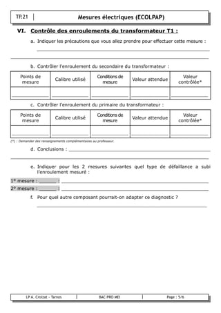 TP.21                                Mesures électriques (ECOLPAP)

    VI. Contrôle des enroulements du transformateur T1 :
            a. Indiquer les précautions que vous allez prendre pour effectuer cette mesure :
                _____________________________________________________________
______________________________________________________________________

            b. Contrôler l'enroulement du secondaire du transformateur :

     Points de                                       Conditions de                         Valeur
                           Calibre utilisé                           Valeur attendue
      mesure                                           mesure                            contrôlée*

_____________ _____________ _____________ _____________ _____________

            c. Contrôler l’enroulement du primaire du transformateur :

     Points de                                       Conditions de                         Valeur
                           Calibre utilisé                           Valeur attendue
      mesure                                           mesure                            contrôlée*

_____________ _____________ _____________ _____________ _____________
(*) : Demander des renseignements complémentaires au professeur.

            d. Conclusions : __________________________________________________
______________________________________________________________________

            e. Indiquer pour les 2 mesures suivantes quel type de défaillance a subi
               l’enroulement mesuré :
1° mesure : ______ : ____________________________________________________
2° mesure : ______ : ____________________________________________________
            f. Pour quel autre composant pourrait-on adapter ce diagnostic ?
                ____________________________________________________________




         LP A. Croizat - Tarnos                       BAC PRO MEI                  Page : 5/6
B
 