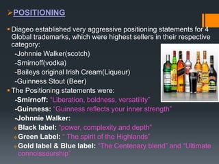 POSITIONING
 Diageo established very aggressive positioning statements for 4
Global trademarks, which were highest sellers in their respective
category:
-Johnnie Walker(scotch)
-Smirnoff(vodka)
-Baileys original Irish Cream(Liqueur)
-Guinness Stout (Beer)
 The Positioning statements were:
-Smirnoff: “Liberation, boldness, versatility”
-Guinness: “Guinness reflects your inner strength”
-Johnnie Walker:
 Black label: “power, complexity and depth”
 Green Label: “ The spirit of the Highlands”
 Gold label & Blue label: “The Centenary blend” and “Ultimate
connoisseurship”
 