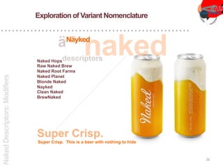 naked
NakedDescriptors:Modifiers
Naked Hops
Raw Naked Brew
Naked Root Farms
Naked Planet
Blonde Naked
Nayked
Clean Naked
BrewNaked
descriptors
Super Crisp. This is a beer with nothing to hide
Exploration of Variant Nomenclature
Super Crisp. 	
  
Näyked
ä
26	
  
 
