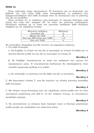 5
ΘΕΜΑ 4ο
Ένας εκδοτικός οίκος χρησιμοποιεί 35 διανομείς για τη διακίνηση των
βιβλίων του. Στο τέλος κάθε μήνα καταγράφονται οι πωλήσεις που
πραγματοποιήθηκαν από κάθε διανομέα ώστε να υπολογιστεί και το μπόνους
που θα του αποδοθεί.
Είναι ευνόητο ότι οι πωλήσεις ενός διανομέα σε χρονικό διάστημα ενός
μηνός δεν είναι κατ’ ανάγκην 30. Το ποσό του μπόνους υπολογίζεται
κλιμακωτά ανάλογα με το ποσό των μηνιαίων πωλήσεων κάθε διανομέα
σύμφωνα με τον παρακάτω πίνακα:
Μηνιαίες πωλήσεις
διανομέα (€)
Μπόνους
%
Μέχρι και 200 0
Άνω των 200 μέχρι και 1000 1.5
Άνω των 1000 4
Να αναπτύξετε αλγόριθμο που θα επιτελεί τις παρακάτω ενέργειες:
1. Για κάθε διανομέα:
α. θα διαβάζει το όνομά του και θα το καταχωρεί σε πίνακα Ο καθώς και το
μηνιαίο βασικό μισθό του και θα το καταχωρεί σε πίνακα Β.
Μονάδες 2
β. θα διαβάζει επαναληπτικά τα ποσά των πωλήσεων που πέτυχε τον
προηγούμενο μήνα. Η επαναληπτική διαδικασία θα ολοκληρώνεται όταν
εισαχθεί αρνητικός αριθμός ή το μηδέν.
Μονάδες 2
γ. θα υπολογίζει το μπόνους που θα λάβει και θα το εκτυπώνει .
Μονάδες 4
2. Θα δημιουργεί πίνακα Τ, που θα περιέχει τις τελικές μηνιαίες απολαβές
κάθε διανομέα.
Μονάδες 2
3. Θα ελέγχει ποιος διανομέας έχει τον υψηλότερο τελικό μισθό που να είναι
ταυτόχρονα μικρότερος από 600 €. Αν δεν υπάρχει τέτοιος, να εκτυπώνεται
κατάλληλο μήνυμα.
Μονάδες 4
4. Να εκτυπώνονται τα ονόματα όσων πωλητών είχαν το δεύτερο μεγαλύτερο
μισθό μεταξύ των υπαλλήλων του εκδοτικού οίκου.
Μονάδες 6
 