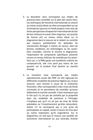 64
2. La deuxième zone correspond aux modes de
présence bien contrôlés sur le plan des savoir-faire.
Les techniques de franchise internationale se situent
au niveau le plus élevé car elles correspondent au cas
d'entreprises pauvres en fonds propres mais avec de
fortes perspectives d'expansion internationale du fait
de leur richesse en savoir-faire originaux. Les accords
de licence ont un niveau moins élevé sur le
diagramme dans la mesure où le cédant ne contrôle
pas toujours parfaitement les aptitudes du
cessionnaire étranger à mettre en œuvre, dans de
bonnes conditions, les technologies ou les savoir-
faire concédés. Comme le montre le diagramme,
l'exportation de composants spécifiques présente
encore un niveau inférieur de contrôle par les savoir-
faire car, si la PME garde une excellente maîtrise du
composant-clé, elle n'en perd pas moins de son
pouvoir sur le produit final destiné au marché
étrange
3. La troisième zone correspond aux modes
opérationnels usuels des PME car elle regroupe les
différentes modalités de présence légères qui, le plus
souvent, sont choisies à cause de la contrainte
financière. Elles correspondent à des mises de fonds
minimales et ne permettent de contrôler qu'assez
faiblement le marché convoité. Il faut remarquer que
le fait qu'il n'y ait pas de contrôle par la propriété
dans ces modalités de présence à l'étranger
n'implique pas qu'il n'y ait pas de mise de fonds
préalables car l'investissement qu'elles nécessitent,
même s'il ne correspond pas à une prise de
participation en capital, existe à travers les frais plus
ou moins importants qu'ils engendrent. Sur le
diagramme, on voit que le recours aux sociétés de
commerce international ou aux centrales d'achat
 